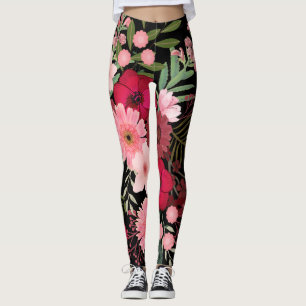 Leggings de padrão floral vermelho e preto