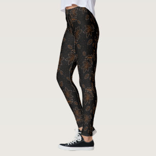 Leggings de padrão flórico preto e Dourado