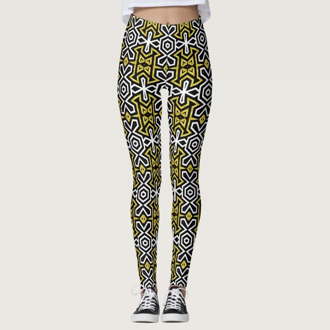 Leggings de padrão negro e Dourado ★ Funky Aztec (Frente)