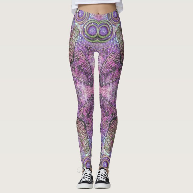 Leggings de padrões de joias rosa e roxa (Frente)