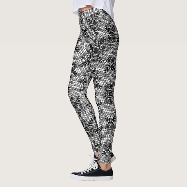 Leggings de peixes com rendas brancas pretas falsa (Esquerda)