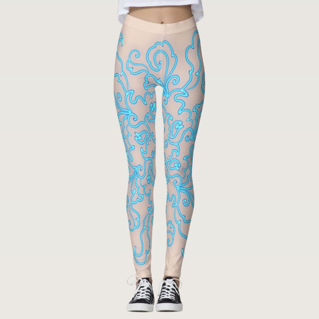 Leggings de Pêssego com Abstrato de Linha Azul (Frente)
