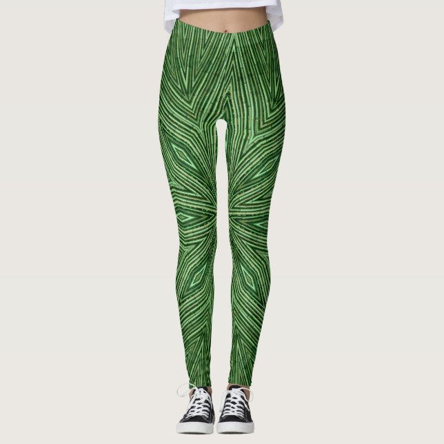 Leggings de pintura de ioga, padrão verde em bambu (Frente)