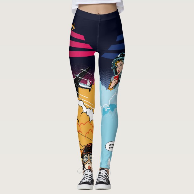 Leggings de Pop de arte em quadrinhos de voo retrô (Frente)