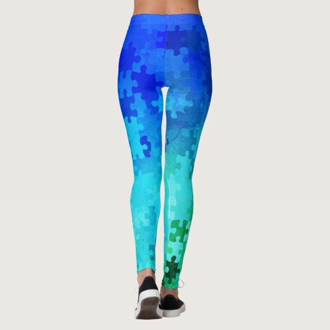 Leggings de Quebra-cabeça de Gradiente Azul-Verde (Verso)