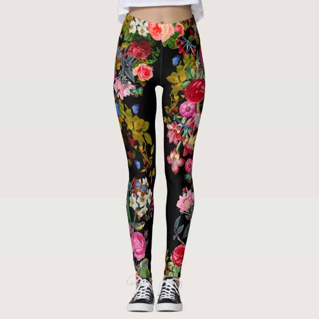 Leggings de Rosa de pinagem preta (Frente)