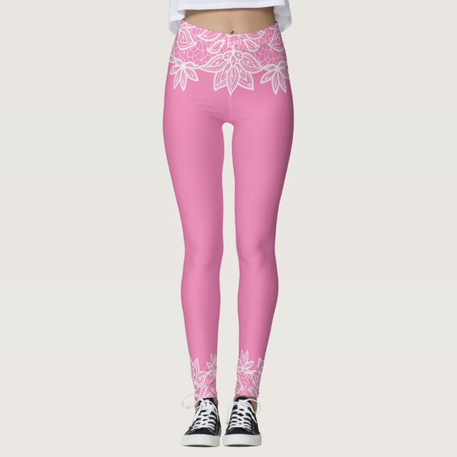 Leggings de Spandex Rosa com Aparência de Renda Br (Frente)
