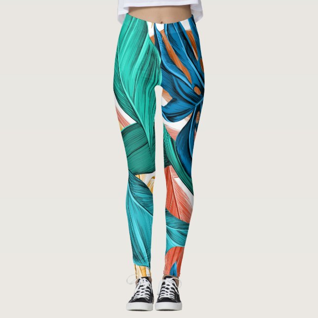 Leggings de Verão de Folhas Tropicais (Frente)