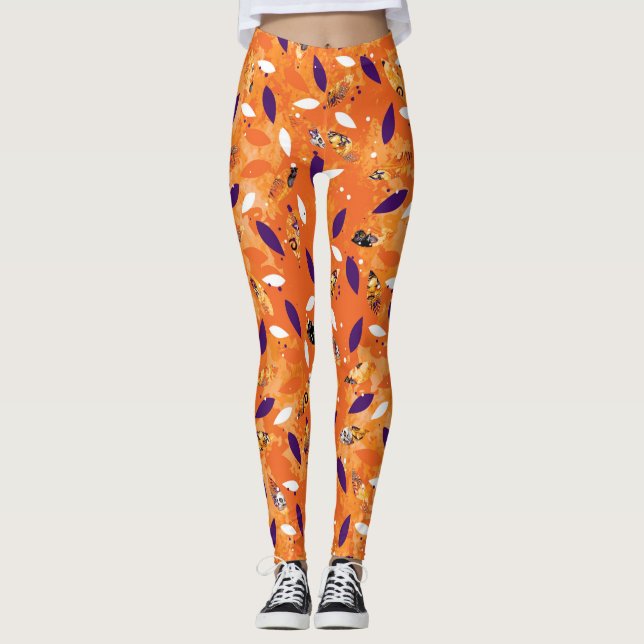 Leggings do Dia das Bruxas de Penas Laranja (Frente)