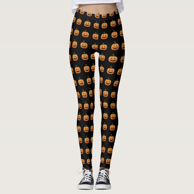Leggings do Dia das Bruxas de Pumpkins Laranja Neg (Frente)