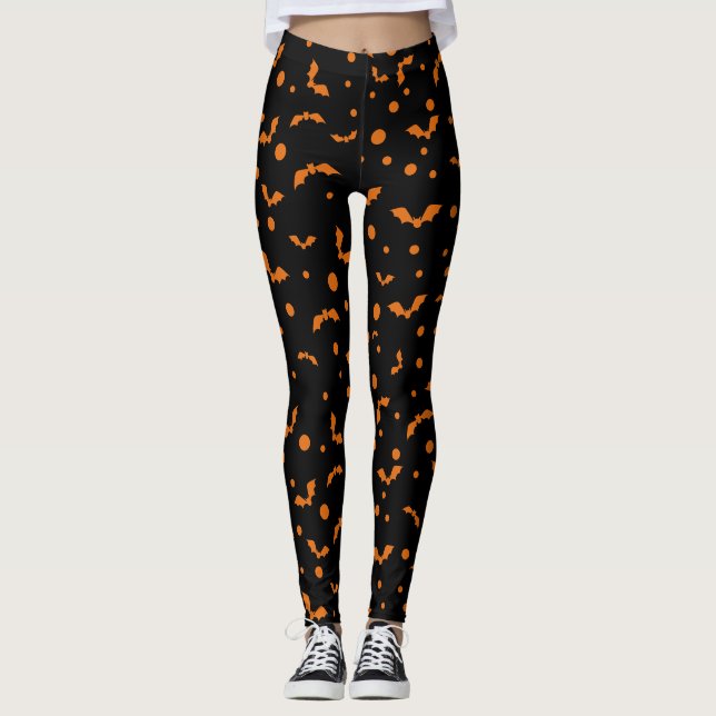 Leggings do Dia das Bruxas Negras com Morcegos Lar (Frente)