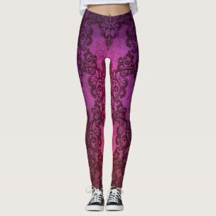 Leggings do estilo Boho com Damasco Rosa Púrpura