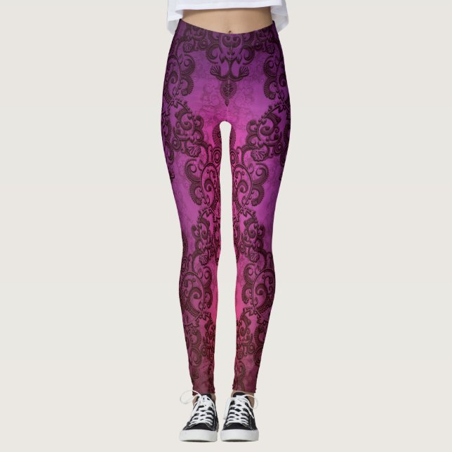 Leggings do estilo Boho com Damasco Rosa Púrpura (Frente)