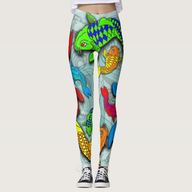 Leggings do estilo da tatuagem de peixes Neon koi (Frente)
