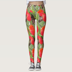 Leggings do padrão das tulipas vermelhas