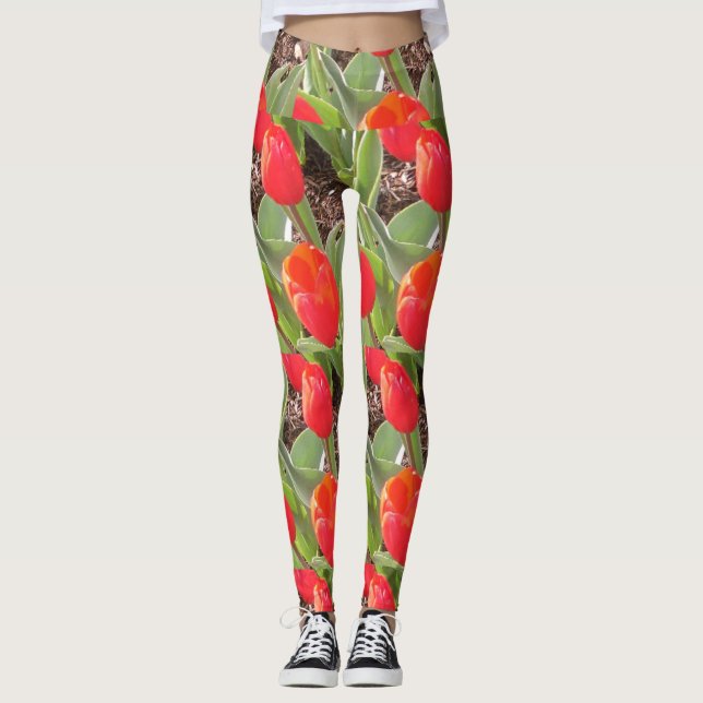 Leggings do padrão das tulipas vermelhas (Frente)