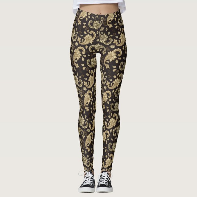 Leggings do Padrão de Brown-Beige Paisley (Frente)