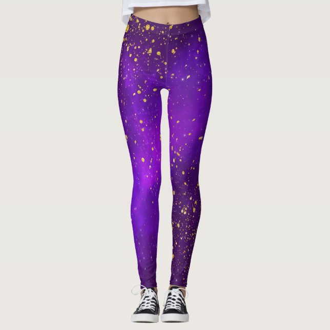 Leggings Douradas da Glitter e da Galáxia Roxa (Frente)