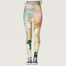 Leggings Douradas da Turquesa Floral Japonesa