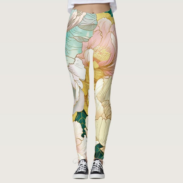 Leggings Douradas da Turquesa Floral Japonesa (Frente)