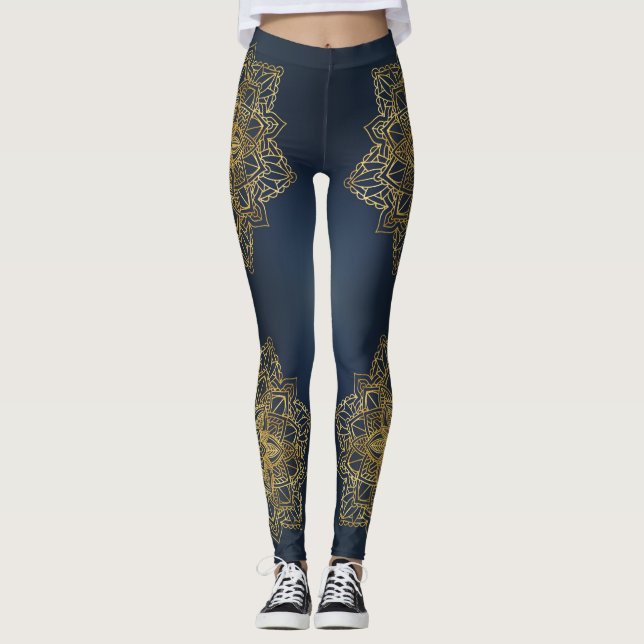 Leggings Douradas de Mandala Modernas Trendy Blue (Frente)