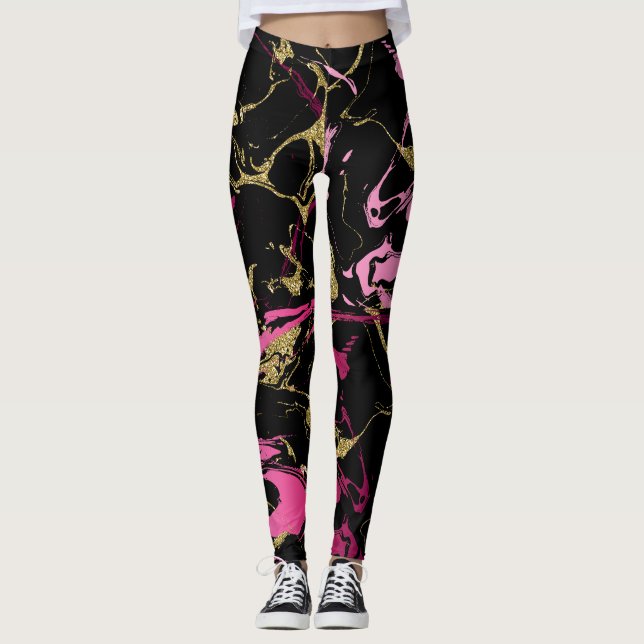 Leggings Douradas de mulheres mármore rosa (Frente)