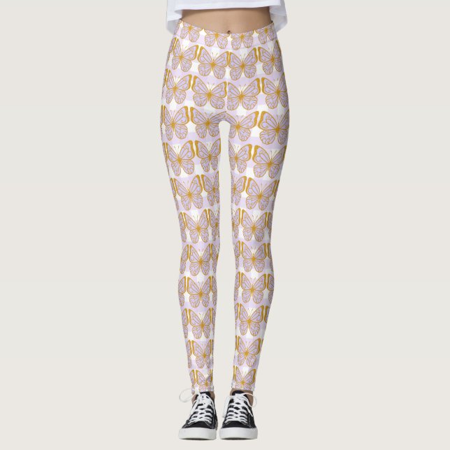 Leggings Douradas do Designer de Borboletas Gingha (Frente)