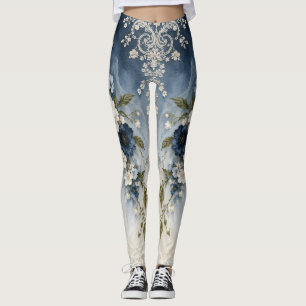 Leggings Elegantes de Lace Floral Azul Marinho e M
