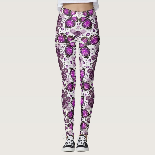 Leggings estampadas com batik de borboleta roxa (Frente)