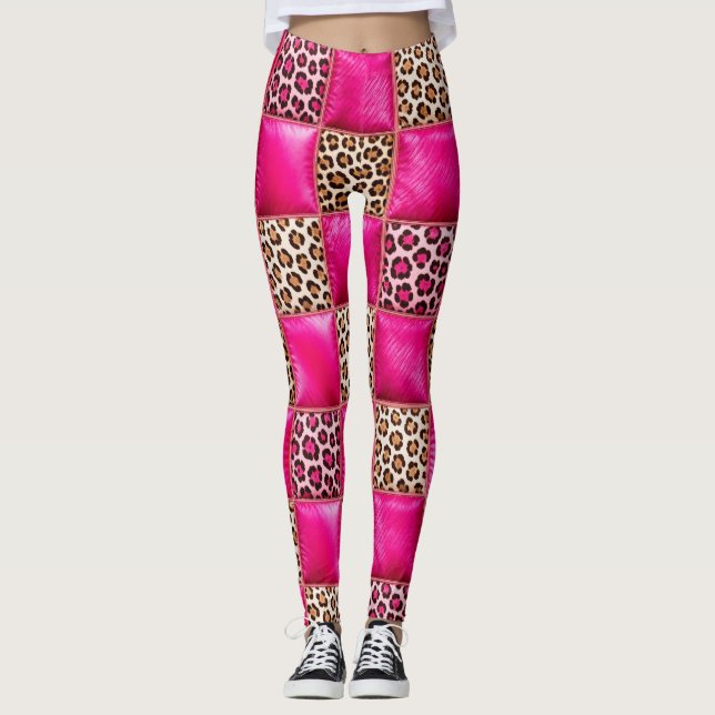 Leggings Estampadas com Remendo de Onça Rosa Quent (Frente)