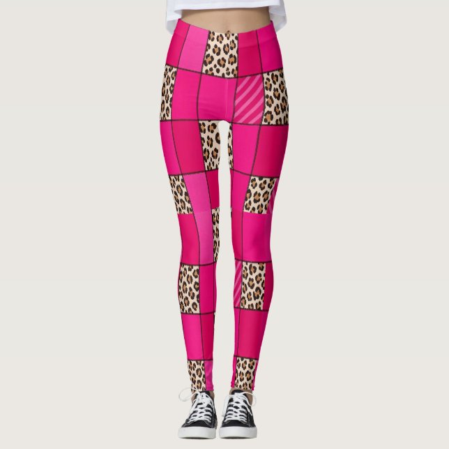 Leggings Estampadas com Remendo de Onça Rosa Quent (Frente)