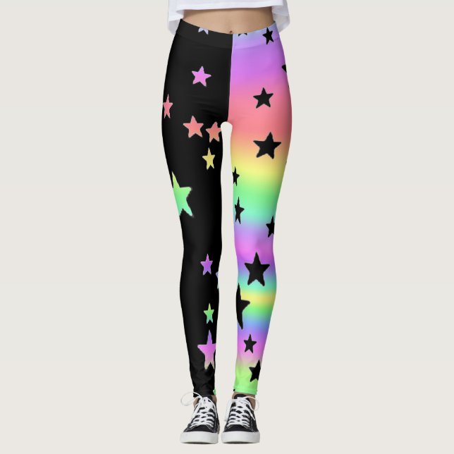Leggings Estrelas Do Arco-Íris Preto E Pastel (Frente)