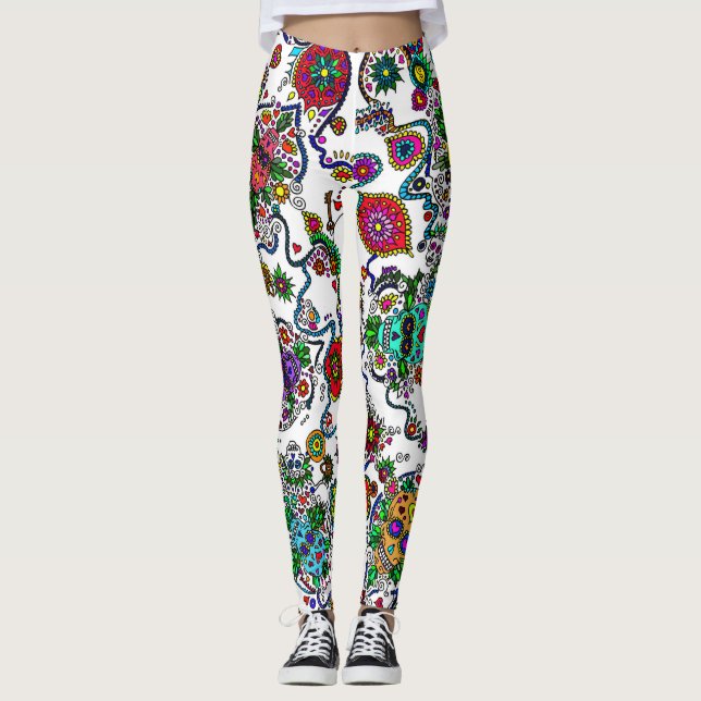 Leggings femininas com padrão de caveira açucarada (Frente)