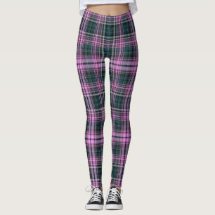 Leggings femininas cor-de-rosa/Xadrez verde