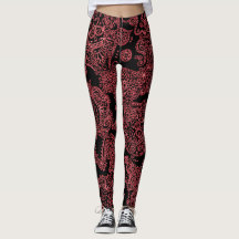 Leggings femininas de crânio preto e vermelho