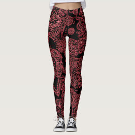 Leggings femininas de crânio preto e vermelho