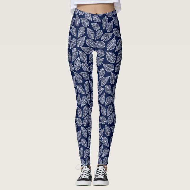 Leggings femininas de folha azul marinho (Frente)