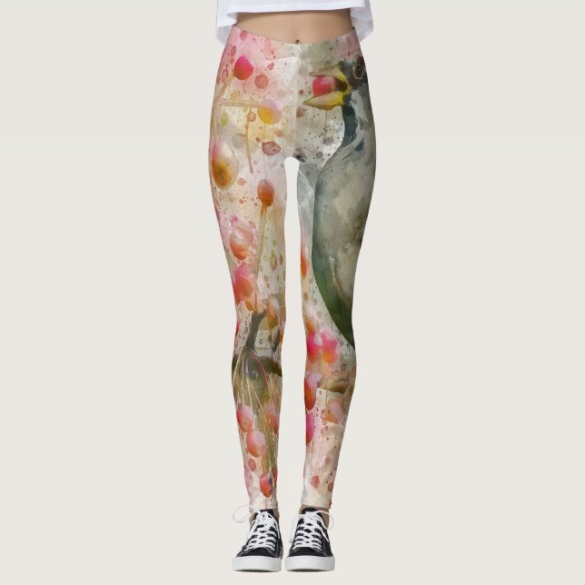 Leggings Femininas de Pássaro Comendo Frutas (Frente)