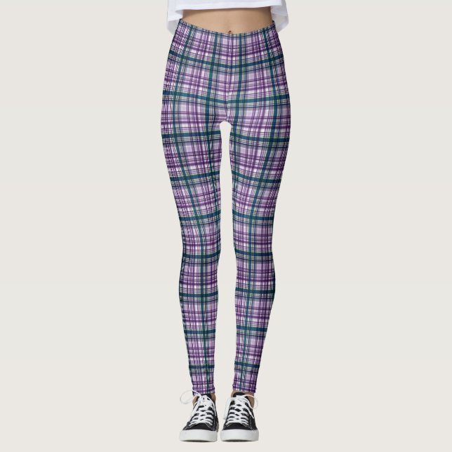 Leggings femininas de Xadrez roxa/verde (Frente)