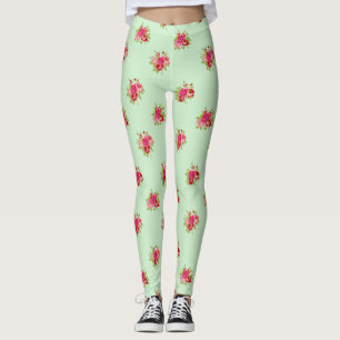 Leggings Femininas Florais com Botões de Rosa Verd