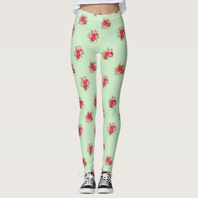 Leggings Femininas Florais com Botões de Rosa Verd (Frente)