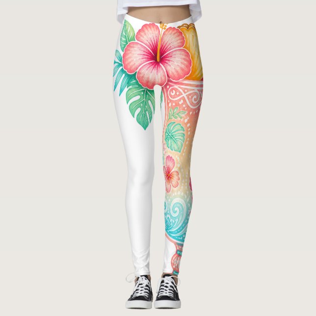 Leggings Femininas Floral Tropical Pastel (Frente)