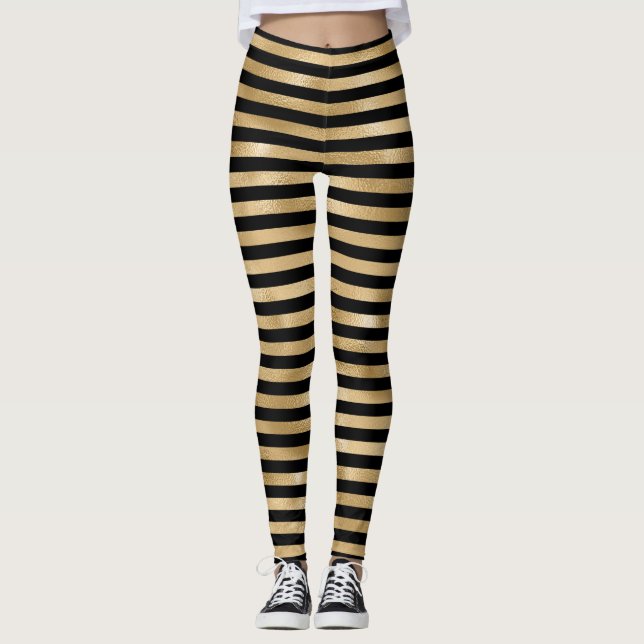 Leggings femininas listradas de preto e dourado (Frente)
