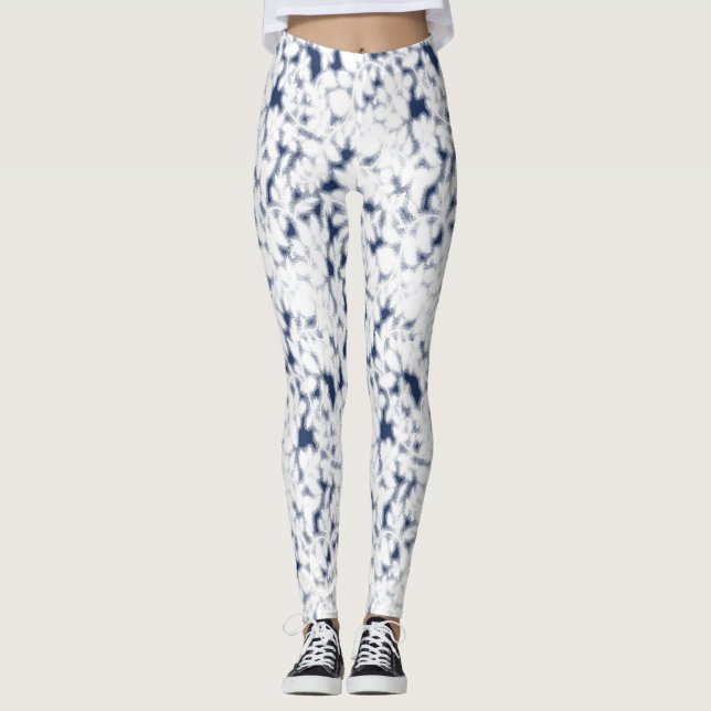 Leggings femininos com padrão abstrato azul branco (Frente)