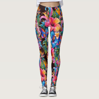 Leggings femininos com padrão floral de hibisco tr