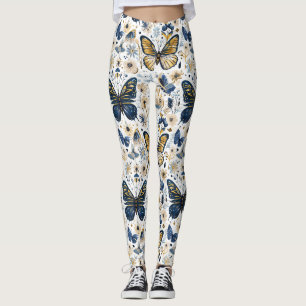 Leggings femininos florais borboleta azul e dourad