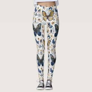 Leggings femininos florais borboleta azul e dourad