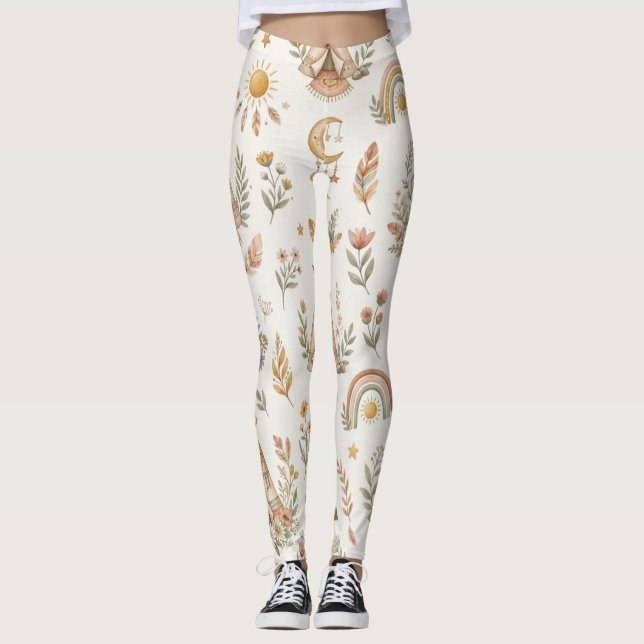 Leggings Florais Boho Aquarela Arco-Íris Pastel (Frente)
