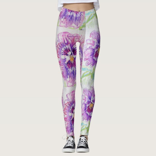 Leggings Florais De Aquarela Rosa Pansy (Frente)