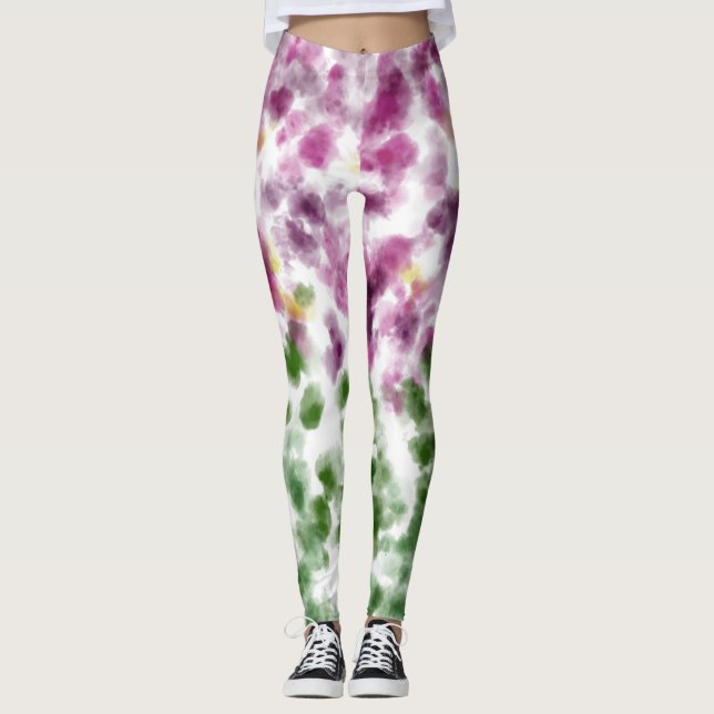 Leggings Florais de Aquarela Roxo e Verde Sage (Frente)